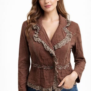 Brown vintage jacket with lace women romantic linen Size M image 1