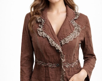 Brown vintage jacket with lace women romantic linen Size M