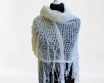 White vintage NEW scarf mohair wool women lace wrap with fringes Christmas gift for her