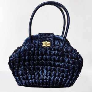 Blue dark hand handle bag vintage women China braided plastic crochet gift for her tote purse