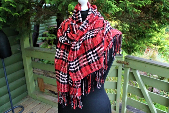 Vintage red white black scarf plaid square with f… - image 3