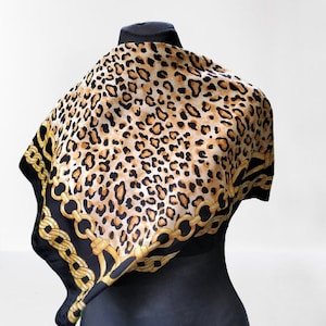 Vintage scarf women black brown leopard white gift for her