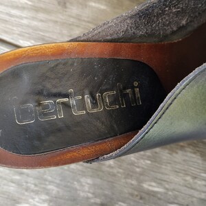 May include: Close-up of the insole of a black leather shoe with a brown wooden sole. The brand name "Berttucci" is printed in gold lettering on the insole.