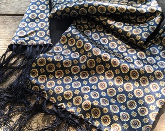 Vintage scarf satin black blue classic with fringes men gift Christmas