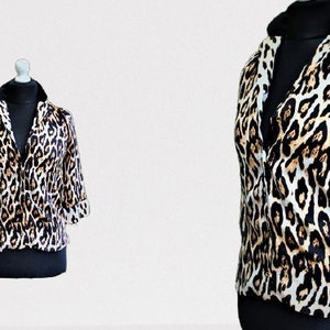 Blouse wild leopard silk vintage women 80&#39; brown beige animal print shirt size S