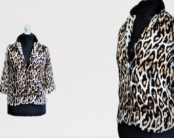 Blouse wild leopard silk vintage women 80' brown beige animal print shirt size S