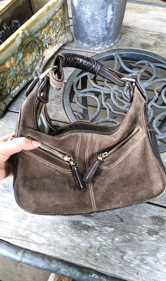 Tod's Handbag Bag Shoulder Dark Brown Suede Leather Women Vintage