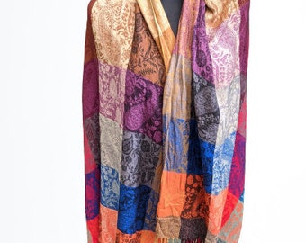 Brown yellow green scarf shawl wrap vintage orange with fringes women autumn floral pashmina gift for her