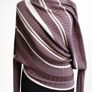 Brown sweater asymetric beige striped pullover women vintage new Size M L image 2