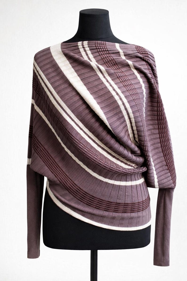 Brown sweater asymetric beige striped pullover women vintage new Size M L image 2