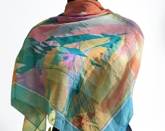 Vintage scarf women chiffon summer abstract blue yellow orange gift for her