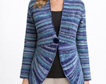 Vintage handgebreid vest blauw wollen gestreepte trui damesjack cadeau voor haar kerst maat M