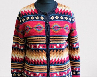 Vintage crochet cardigan sweater women red PENDLETON yellow blue country cotton ornamented jacket Size M