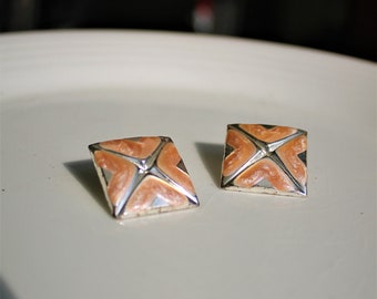 Earrings clips vintage jewelery brown square peach 80&#39;