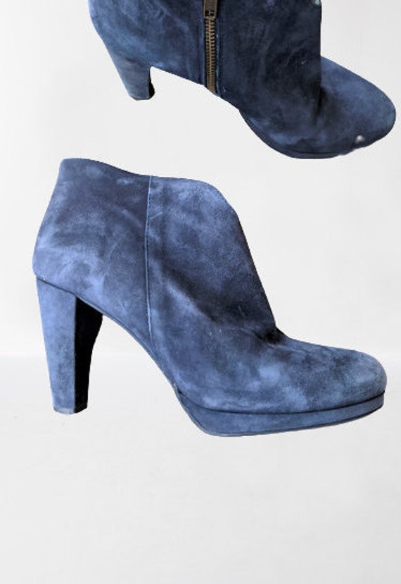 Blue vintage suede leather ankle boots high heels women shoes Size 39 EU 8.5 US 6 UK