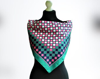 Vintage scarf green pink blue white ornament geometric women squared vtg gift for her