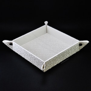 White Valet Tray with Flowers Debossed Pattern - Square Faux Leather Pocket Emptier
