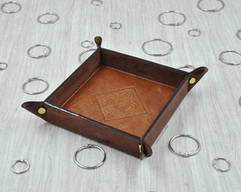 Leather Catchall with Embossed Lily - Square Caramel Brown Valet Tray