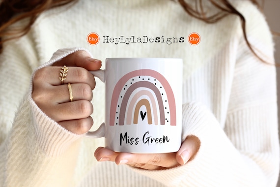 Personalised Boho Rainbow Mug, Coaster, Keyring *Teacher, Friend, Teacher Gift, Teaching Assistant, Nursery, NHS, Grandma, Graduation*