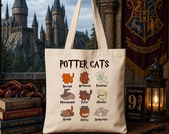 Potter Inspired 'Pottercats' Tote Bag *Gift, Potter Fan, Friend, Cat Lover, HP, Wizard, Reusable, Shopping Bag, Thank You Teacher*