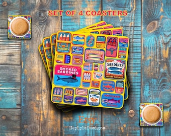 Tinned Fish Coasters - Sardines, Anchovies, Mackerel, Summer, Vintage, Porto, Seaside, Beach, Decor, Housewarming Gift, Nautical,