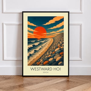 Rumo ao Oeste! | Devon Reimaginada | Gravuras de Arte Costeira e de Charneca | Arte de Parede Inspirada em Viagens a Devon | Pôsteres de Paisagens Modernas | Arte de Parede com Tema Marinho