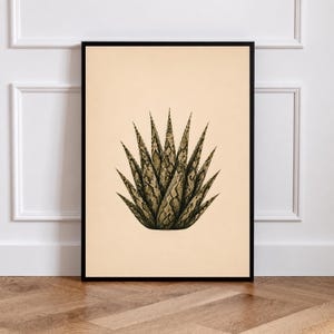 May include: A framed wall art print featuring a central illustration of a succulent plant with a textured, snakeskin-like pattern in shades of olive green and brown, set against a solid, light beige background within a thin black frame.