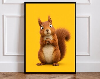 May include: A framed wall art print featuring a cartoon-style red squirrel with a fluffy tail, holding a brown nut in its paws. The squirrel has large eyes and a cream-colored belly, set against a solid, vibrant yellow background.