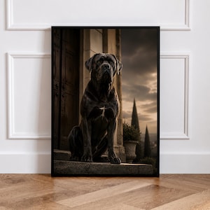 May include: A framed wall art print featuring a dark-coated Cane Corso dog sitting on stone steps in front of a wooden door. The scene includes a stone pillar, a decorative planter, and tall cypress trees under a cloudy, dim evening sky.