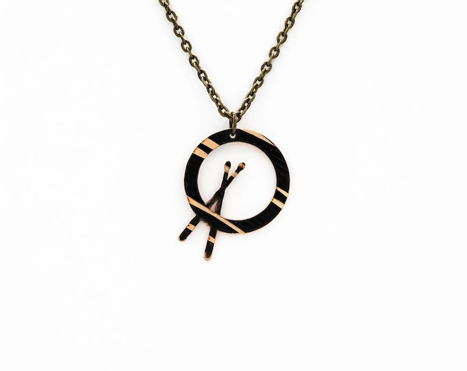 Dark Mini Cross Stick - Upcycled Drum Jewelry Music Cymbal Necklace