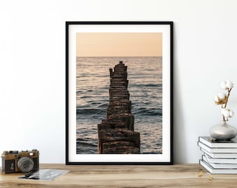 Photograph of the sea and groynes in the sunset (Baltic Sea), 13 x 18 cm, 21 x 30 cm (A4), 30 x 40 cm, print, maritime poster