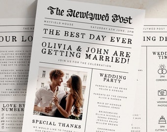 Wedding Newspaper Program, Custom Folded Wedding Newspaper Booklet, Fun Timeline Wedding Newspapers, Order of Service Wedding Ceremony