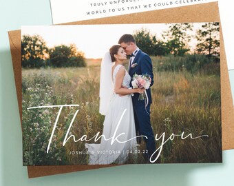 Gepersonaliseerde fotokaart met enveloppen, rustieke bruiloft bedankkaarten, bedankkaarten met grote foto, eenvoudige bruiloft dank u # 085