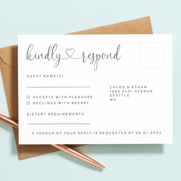 Wedding RSVP Card, Wedding Response Card, Reply Card, Wedding Menu Choice Cards, RSVP Card, Modern Guest Response, Matching RSVP Cards #116