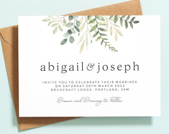 Minimal Greenery Foliage Wedding Invitations, Rustic Bohemian Wedding Invitation with Envelopes, Eucalyptus Wedding Invitations Set #108