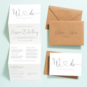Modern Wedding Invitation Trifold, Simple Script Concertina Wedding Invitation or Reception Invites with Envelopes, RSVP, Guest Info #114