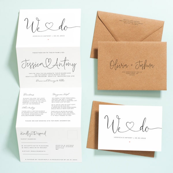 Modern Wedding Invitation Trifold, Simple Script Concertina Wedding Invitation or Reception Invites with Envelopes, RSVP, Guest Info #114