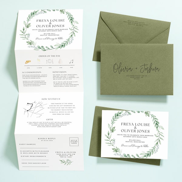 Botanical Greenery Wedding Invitation Set, Eucalyptus Wedding Invite with Luxury Sage Green Envelopes, Timeline Wedding Invitation with RSVP