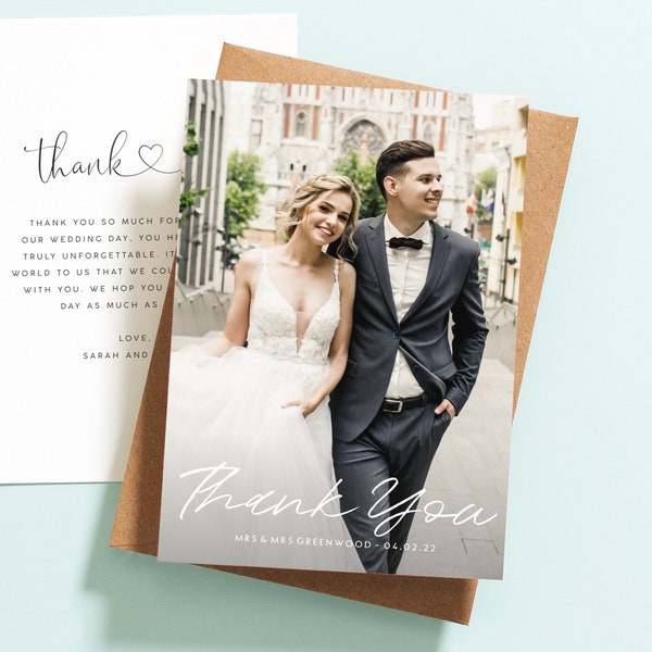 Double Sided Wedding Thank You Card with Photo, Personalised Wedding Thank You Cards, Wedding Thank You Postcard with Envelopes Rustic #085