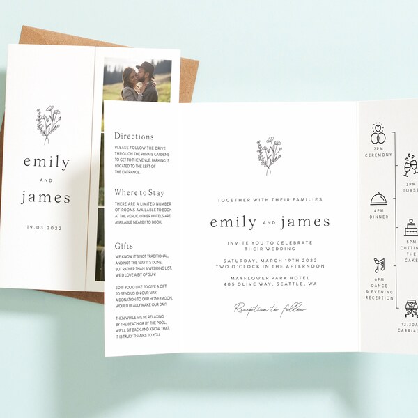 Elegant Simple Floral Wedding Gatefold Invitations, Personalised Modern Wedding Invites, Bouquet Wedding Invitations with Envelopes #115