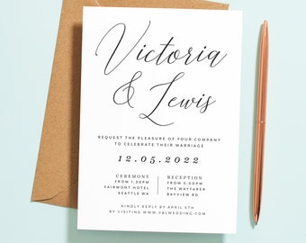 Classic Wedding Invitation, Elegant Script Wedding Invitation, Personalized Wedding Invitations, Stylish Calligraphy Wedding Invites #108