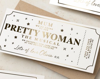 Personalised Ticket, Gold Foil Gift Voucher, Any Event, Pretty Woman the Musical Ticket, Foil Gift Voucher Keepsake, Surprise Reveal Gift