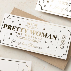 Personalised Ticket, Gold Foil Gift Voucher, Any Event, Pretty Woman the Musical Ticket, Foil Gift Voucher Keepsake, Surprise Reveal Gift