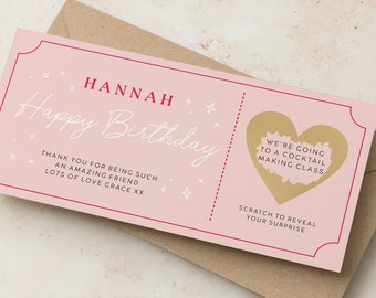 Personalised Birthday Gold Foil Scratch Gift Voucher, Pink Surprise Scratch Voucher Birthday Gift, Scratch to Reveal, Gift Experience Ticket