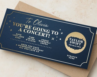 Personalised Birthday Scratch Card Gift Voucher, Personalised Event Ticket, Concert Ticket Keepsake, Gold Foil Scratch To Reveal Surprise