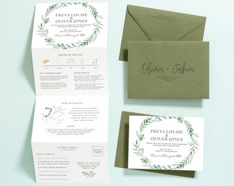 Botanical Greenery Wedding Invitation Set, Eucalyptus Wedding Invite with Luxury Sage Green Envelopes, Timeline Wedding Invitation with RSVP