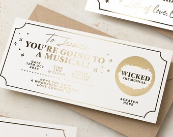 Personalised Scratch Card, Surprise Scratch Card Ticket, Scratch Reveal Ticket Gift for Musical, Concert, Holiday, Gold Foil Gift Ticket