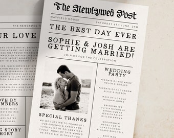 Wedding Newspaper Program, Folded Wedding News Paper Booklet, Fun Timeline Wedding Newspapers, Order of Service, Wedding Ceremony Programs