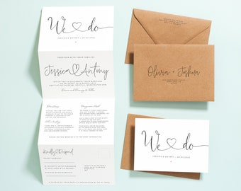 Modern Wedding Invitation Trifold, Simple Script Concertina Wedding Invitation or Reception Invites with Envelopes, RSVP, Guest Info #114