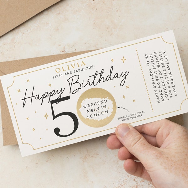 Surprise Birthday Scratch Card Gift, Scratch Reveal Card, 50th Surprise Birthday Ticket for Holiday, Concert Ticket, Personalised Any Age